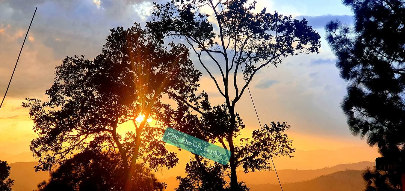 Sunset over the Nepali hills seen through silhouetted trees