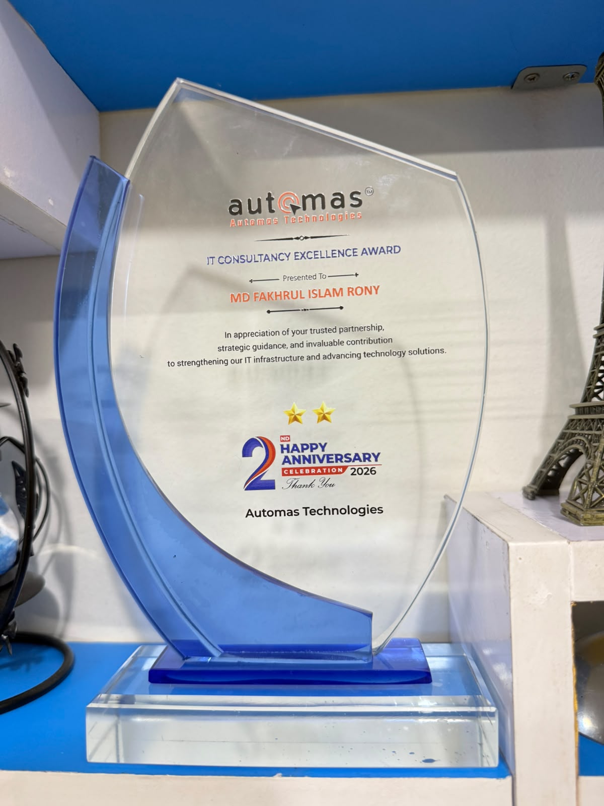 Automas Technologies Consultant Excellence Award trophy