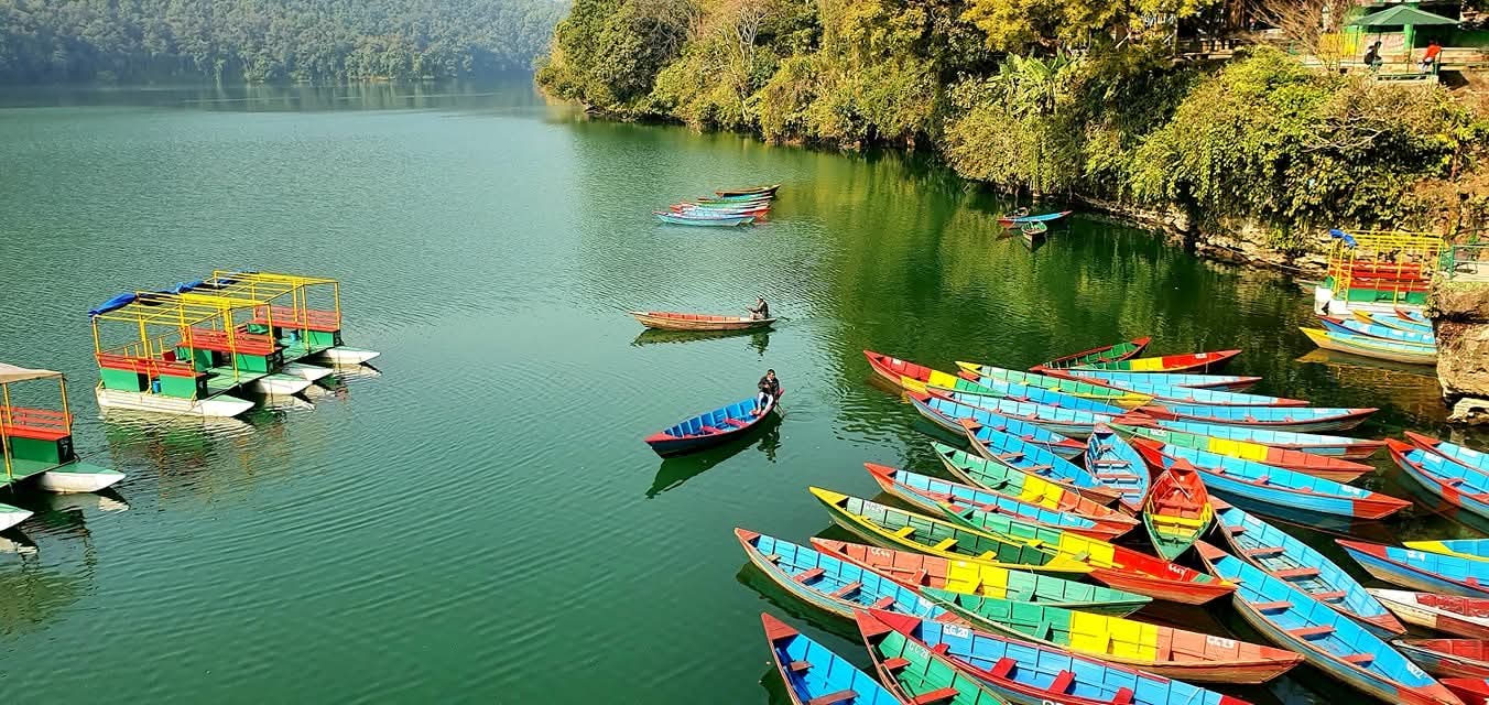 Colourful wooden boats moored on Phewa Lake, Pokhara, Nepal