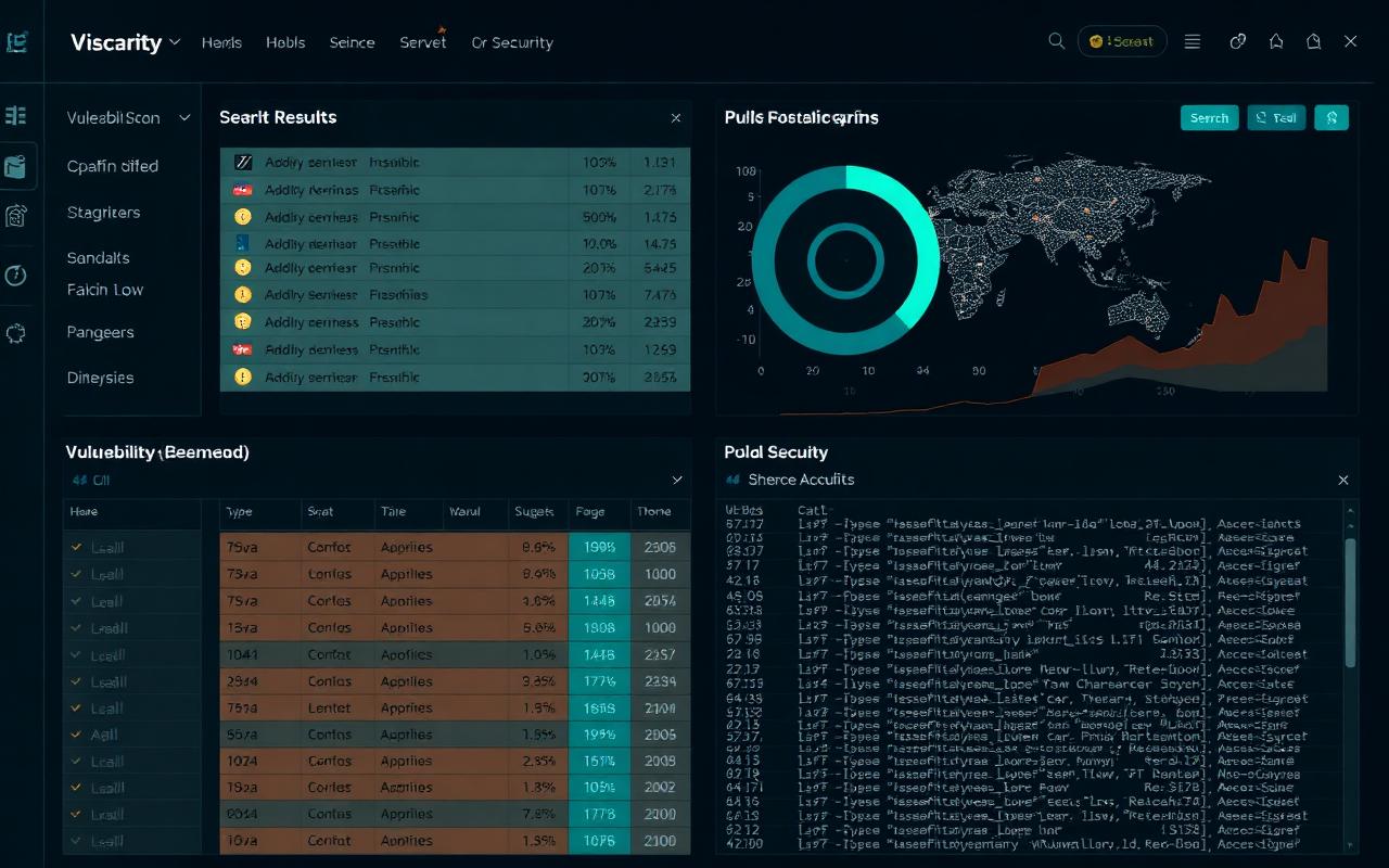 Security console showing vulnerability findings, severity badges and a live event log