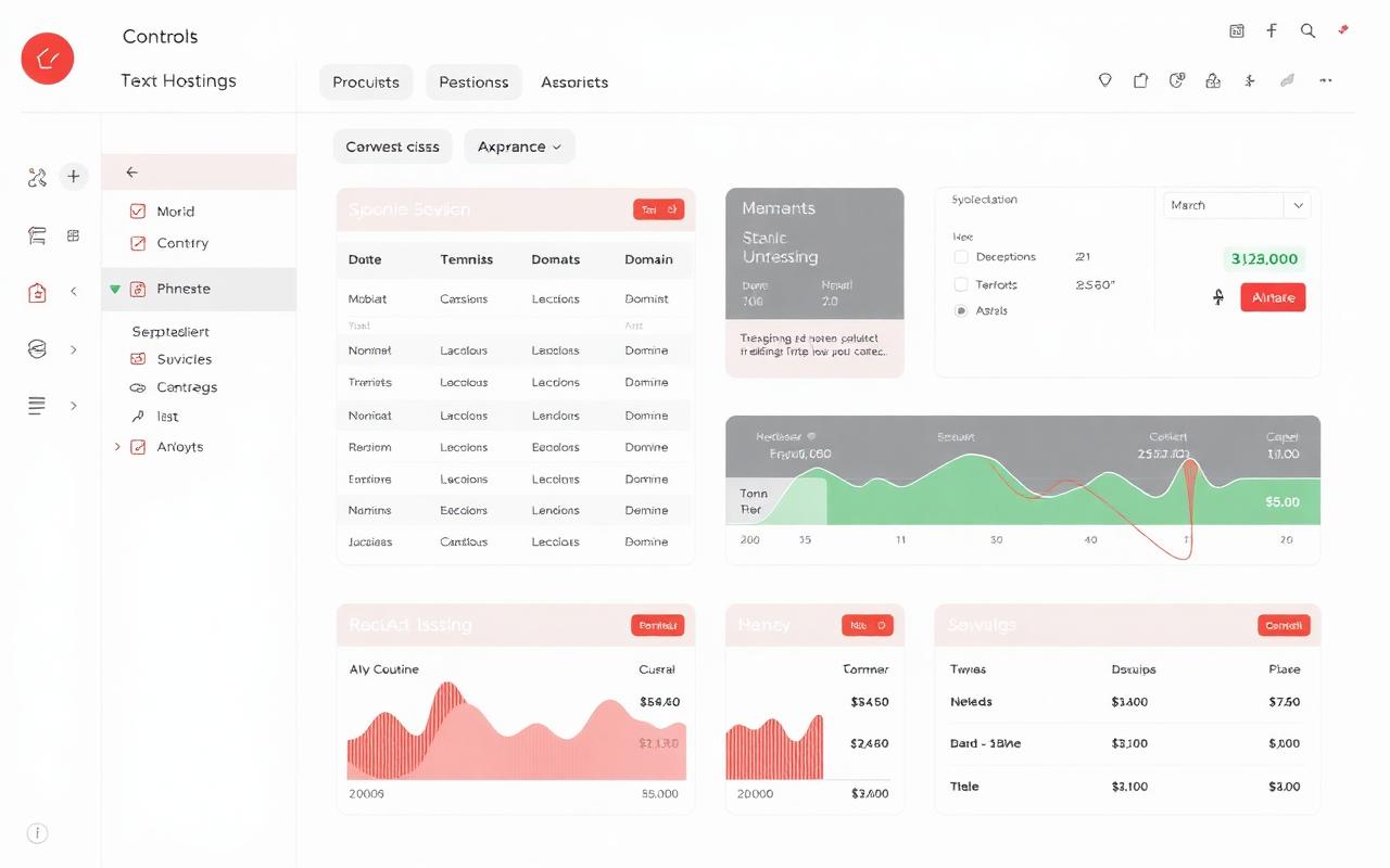 Host Tech client control panel with domain list, server resource graphs and billing cards