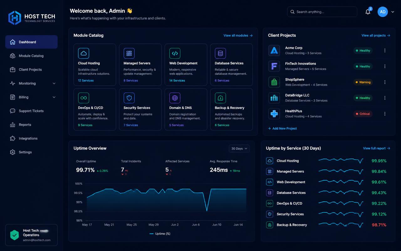 Host Tech operations dashboard with module catalog, client projects and uptime charts