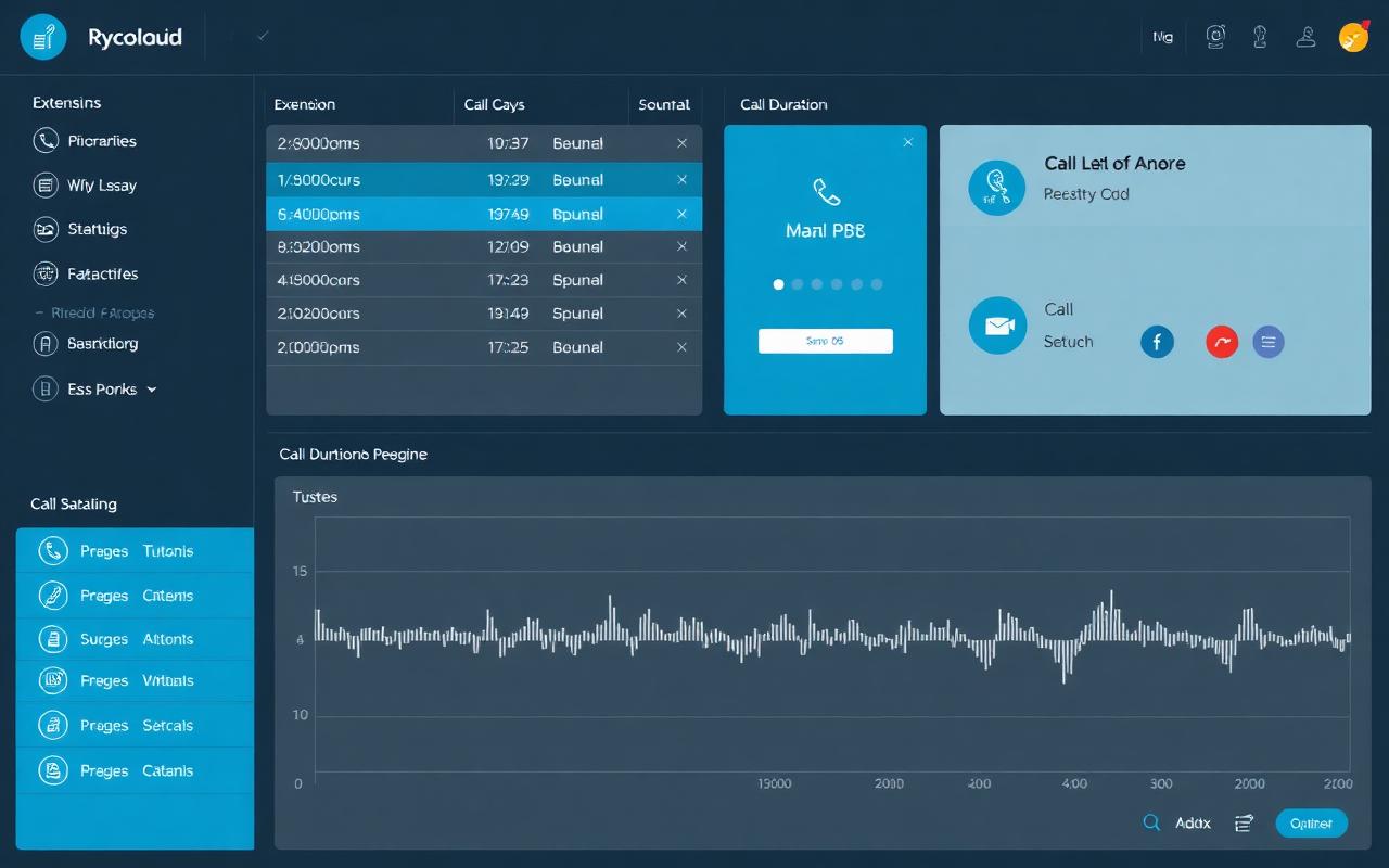IP PBX console with extension list, live call queue and call duration analytics