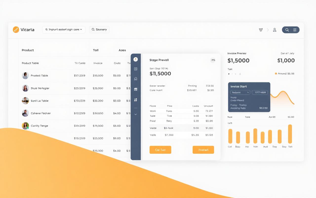Business management module with product table, stock levels, invoice preview and revenue chart