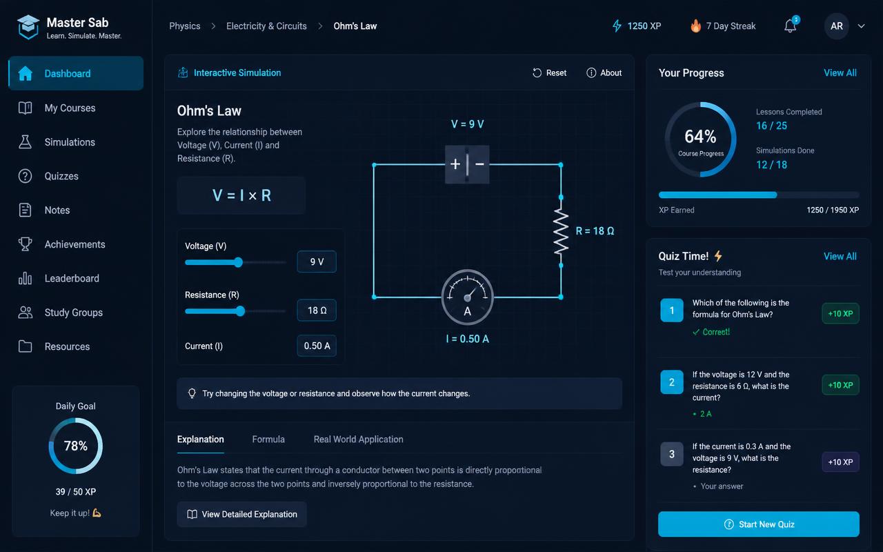 Master Sab learning platform showing an interactive physics simulation, progress tracker and quiz